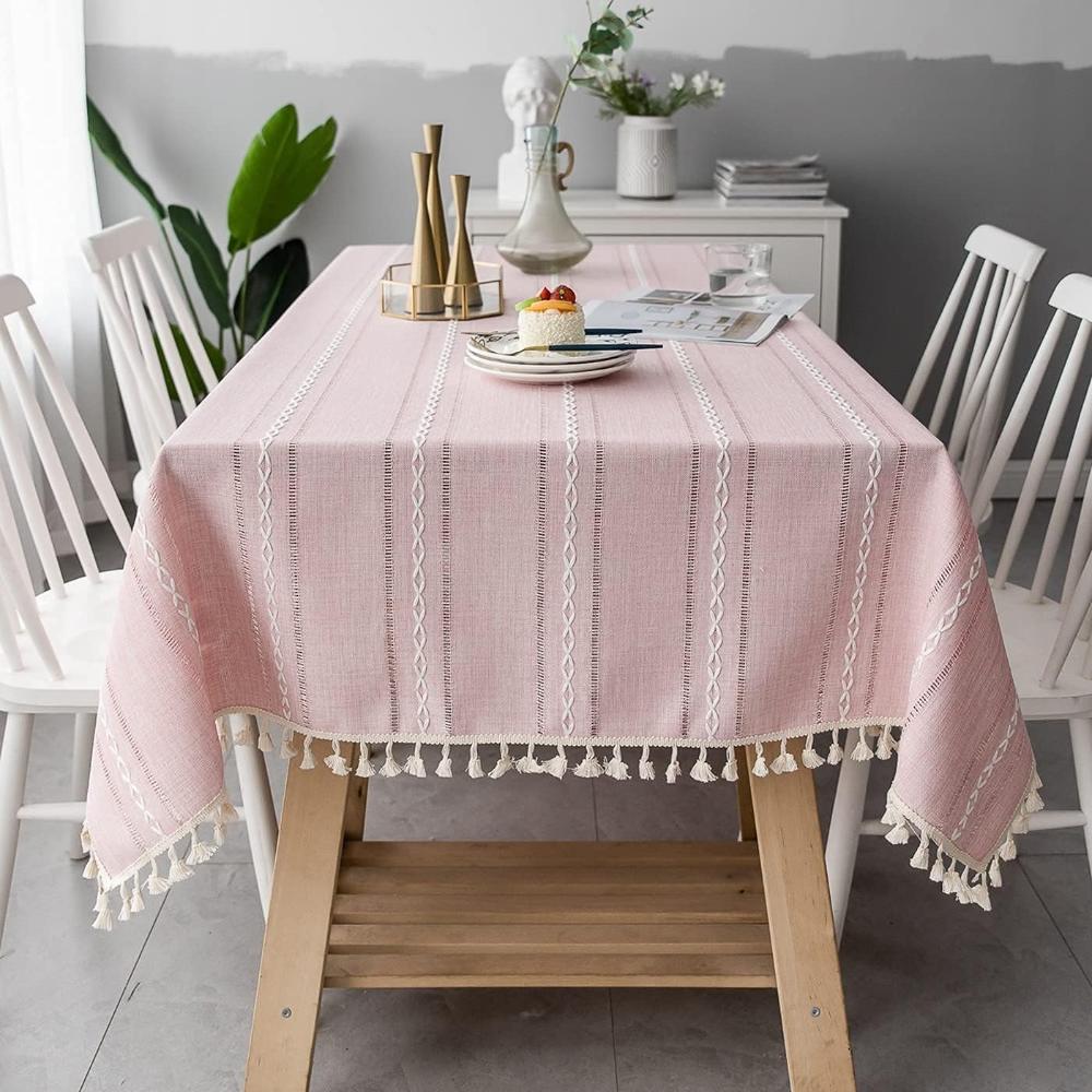 Rustic Cotton-Linen Tablecloth with Durable Striped Embroidery – Elegant Dining Table Cover