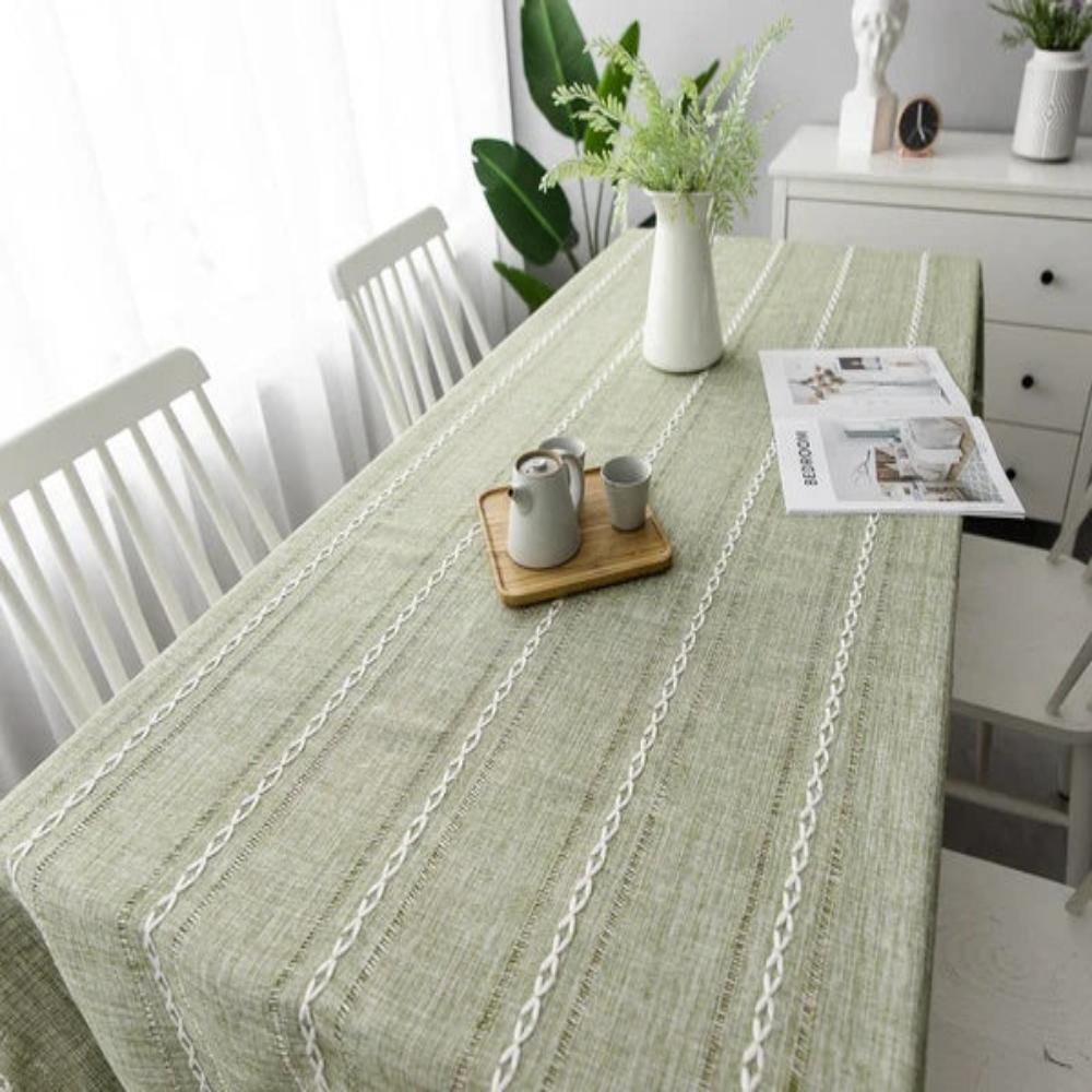 Rustic Cotton-Linen Tablecloth with Durable Striped Embroidery – Elegant Dining Table Cover
