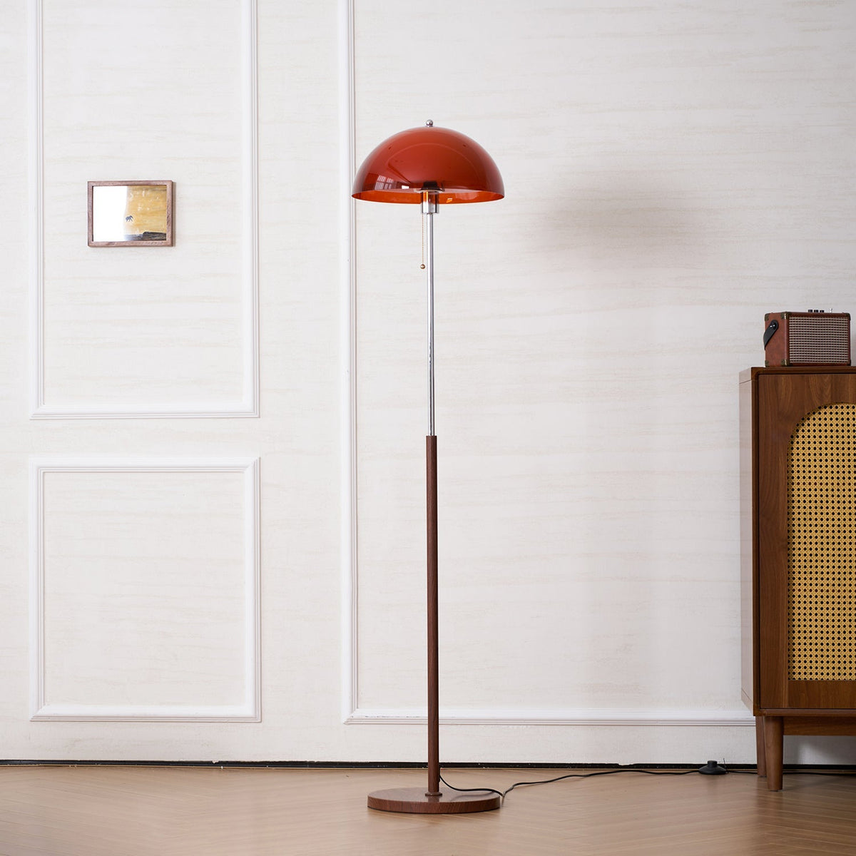 Standing Lamp with Dome Shade 60 in Tall Weighted Wooden Base Pull Switch Walnut Finish Bedroom Living Room Corner Lighting Retro Style