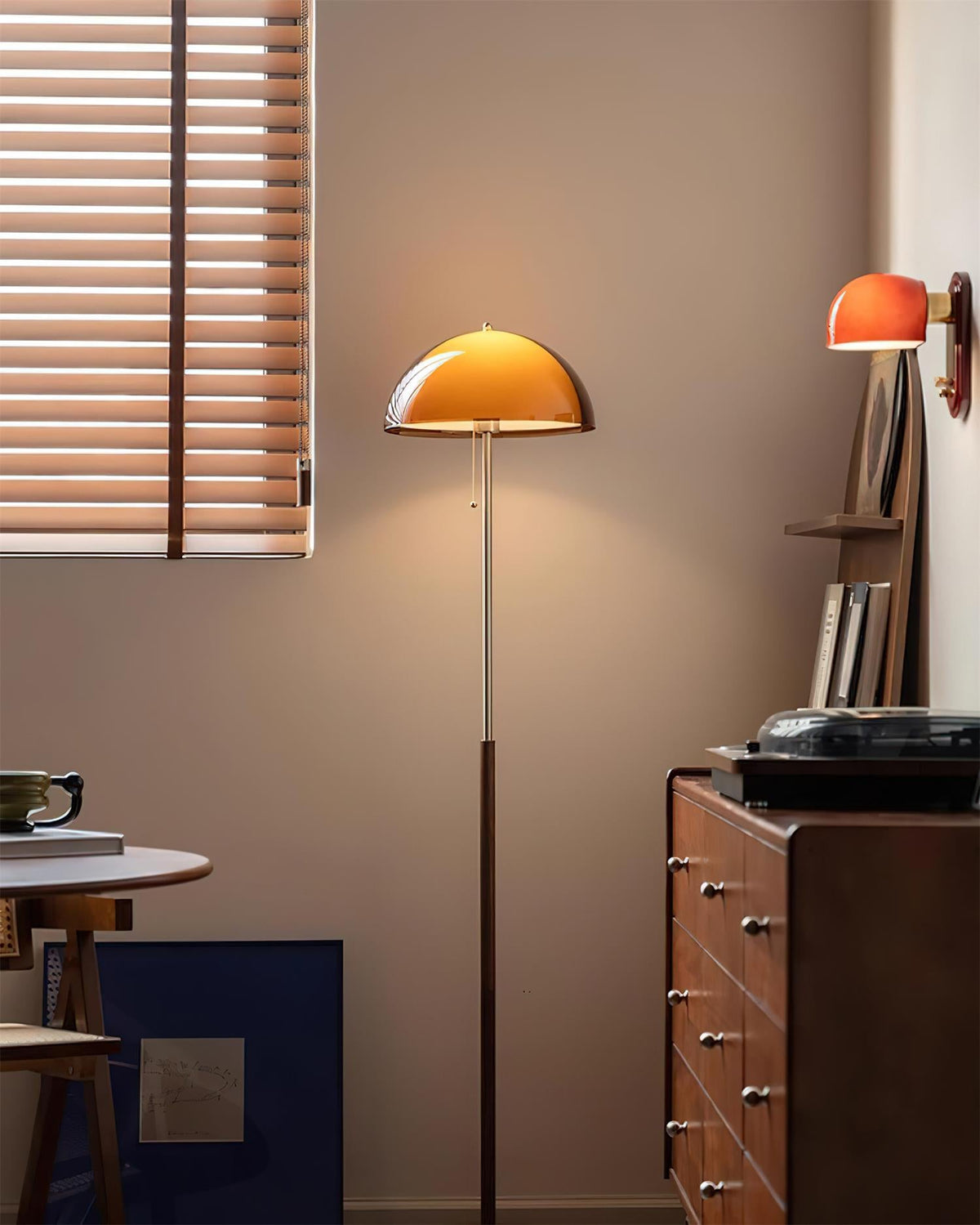 Standing Lamp with Dome Shade 60 in Tall Weighted Wooden Base Pull Switch Walnut Finish Bedroom Living Room Corner Lighting Retro Style
