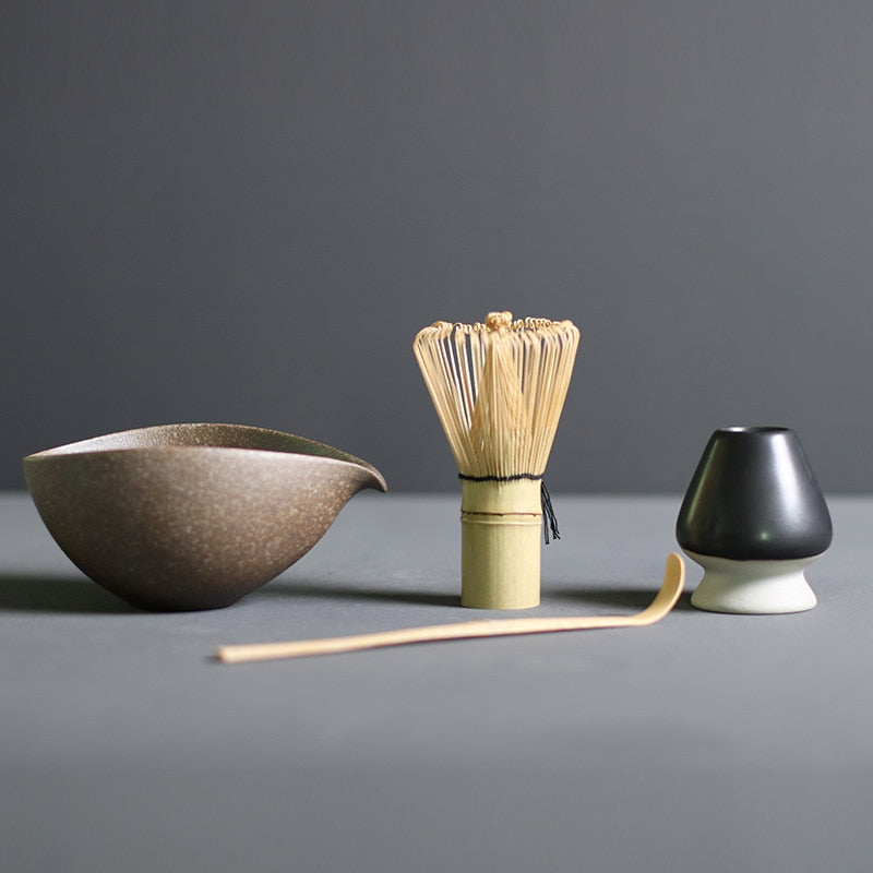 Ceremonial Matcha Tea Preparation Kit — Bamboo Whisk, Ceramic Bowl, Scoop & Holder — 4-Piece Japanese Tea Set for Home Brewing