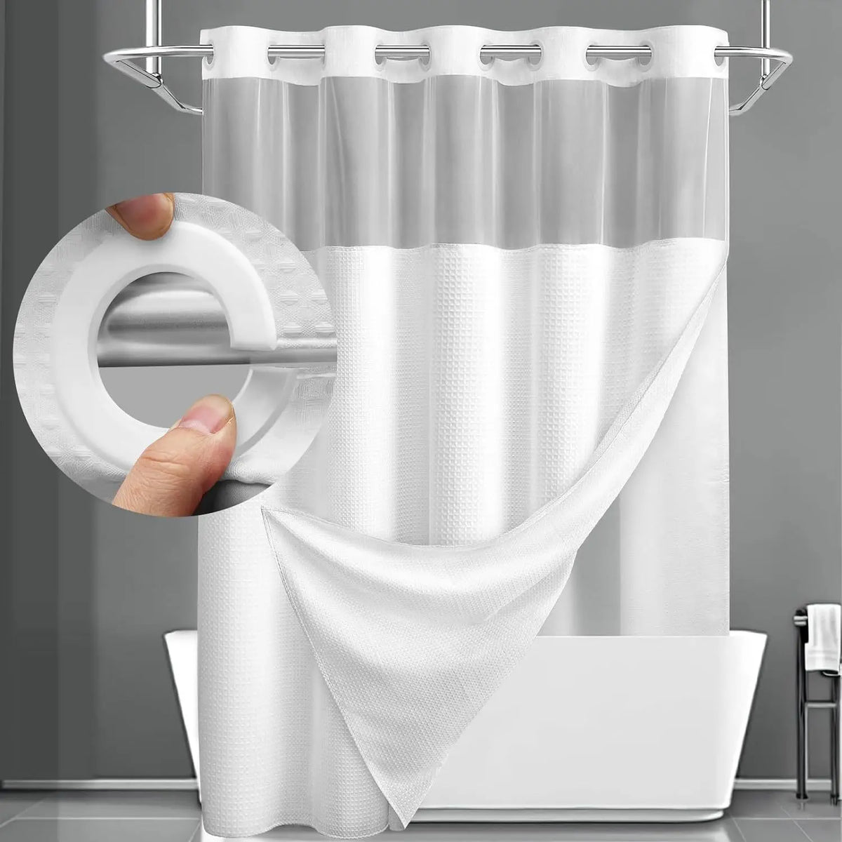 Hookless Shower Curtain with Built-In Snap Liner Waffle Weave Polyester Bathroom Curtain Easy Install No Rings Needed Quick Change Design