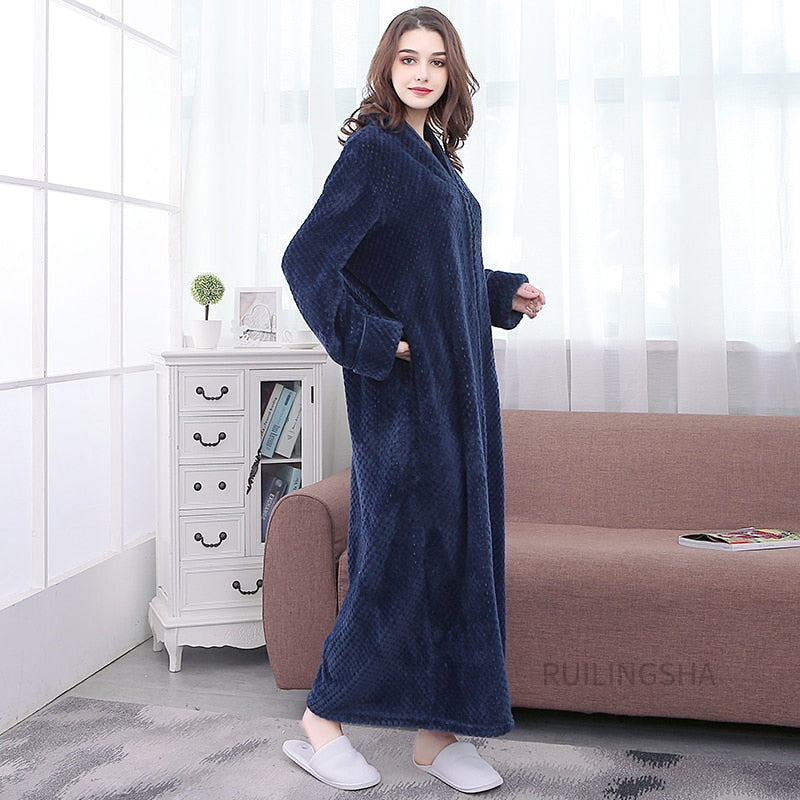 Zippered Fleece Bathrobe for Women & Men Hooded & Non-Hooded Thermal Lounge Robe with Pockets Soft Lightweight Warmth