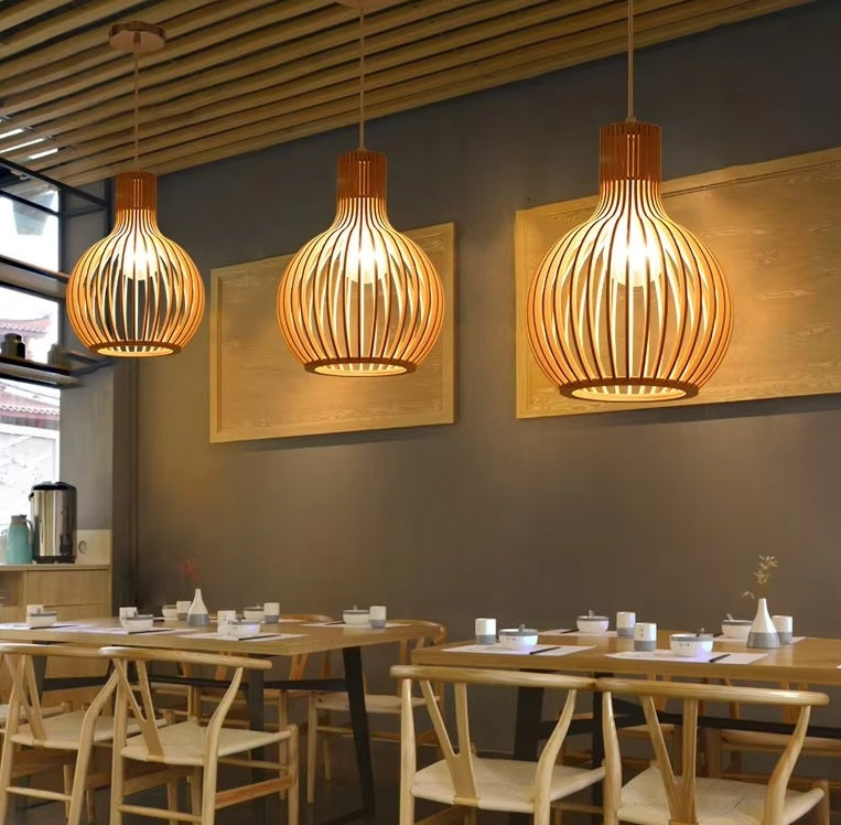 Wooden Sphere Pendant Light with Black Exterior for Dining Room & Living Room Ambiance