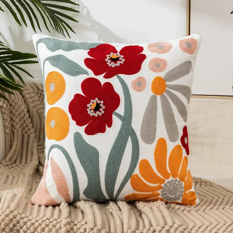 Floral Embroidered Throw Pillow Cover 18x18 Inches Cotton Canvas White Decorative Cushion Case for Couch Bed Chair Farmhouse Modern Living R