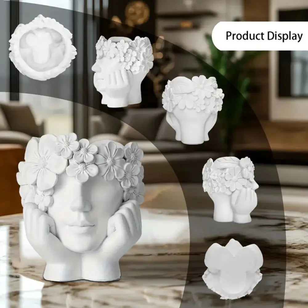 Sculptural Face Planter with Botanical Crown – White Resin Plant Holder for Succulents & Herbs – 6 inch Indoor Outdoor Decorative Container
