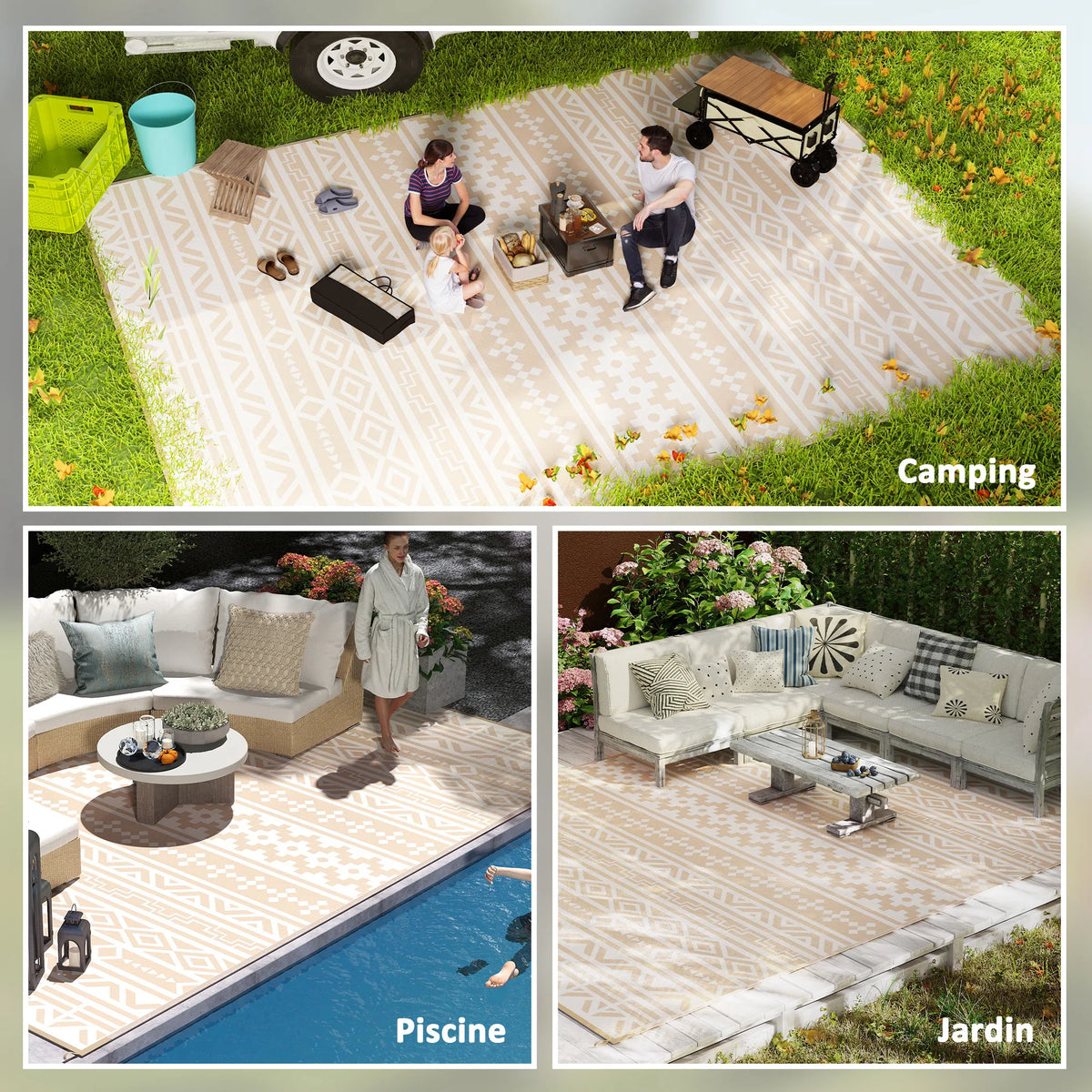 Reversible Outdoor Floor Mat 12 × 9 Feet Khaki Beige Polypropylene All-Weather Rug for Patio Garden Camping Beach Picnic Large Family Seatin