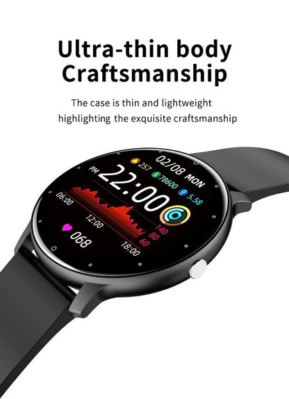 Reloj inteligente de fitness ultra delgado con monitor de frecuencia cardíaca, seguimiento del sueño y resistencia al agua IP67 para iPhone y Android – Pantalla táctil completa
