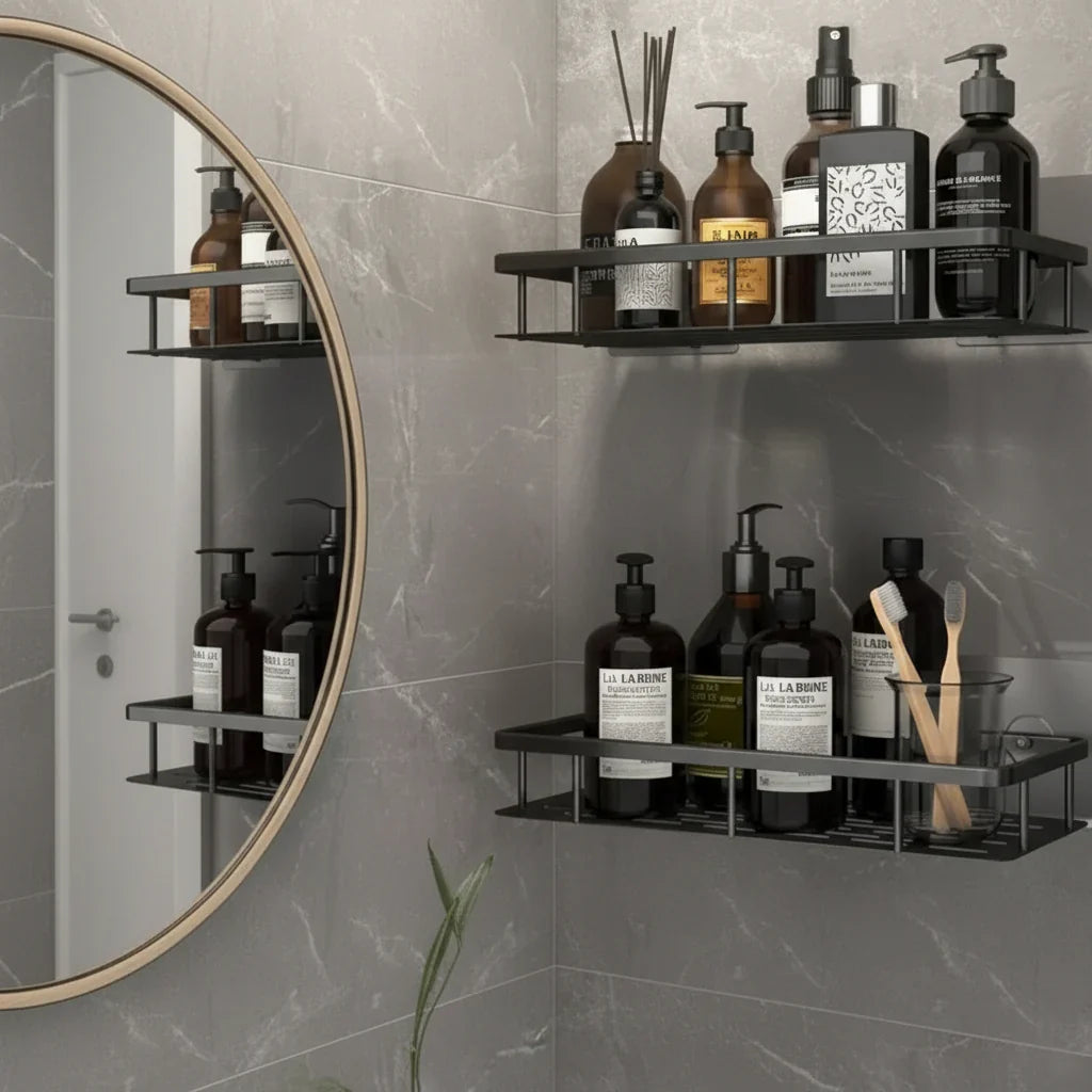 Wall-Mounted Corner Organizer Rack ABS Adhesive No-Drill Bathroom Caddy Triangle Rectangle Shape Holds Shampoo Soap Toiletries for Small Spa