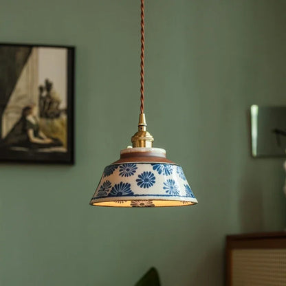 Ceramic Hanging Light Fixture with Unique Floral Designs for Kitchen, Dining Room, Cafe | Artisan Crafted Copper Hardware Pendant Lamp
