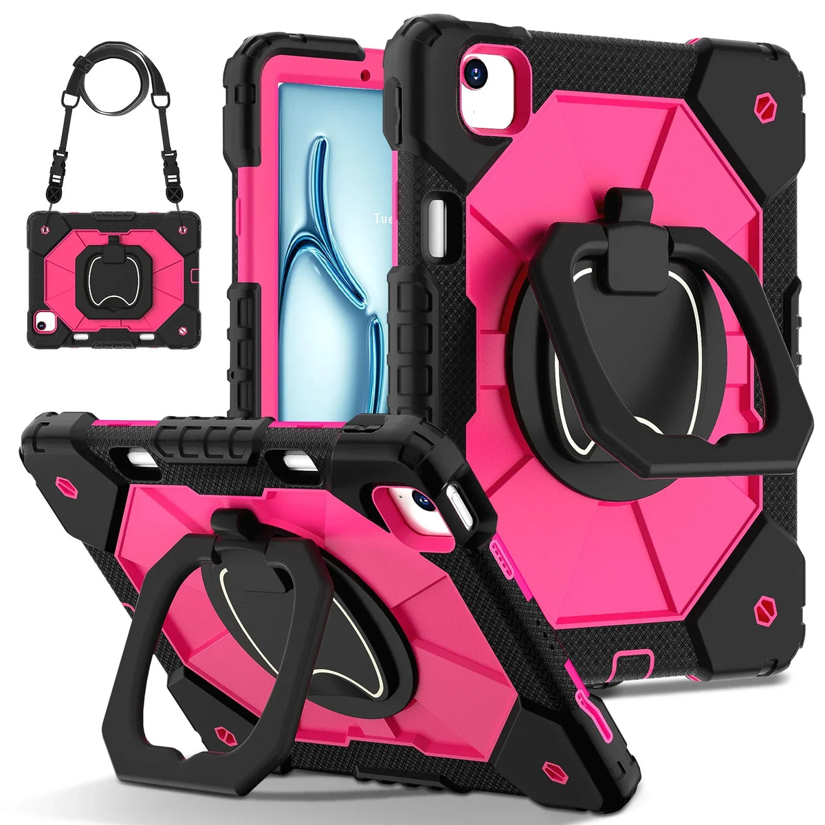 Triple-Layer iPad Protective Case with 360° Rotating Hand Grip, Integrated Kickstand & Shoulder Strap | Tempered Glass Screen Protector