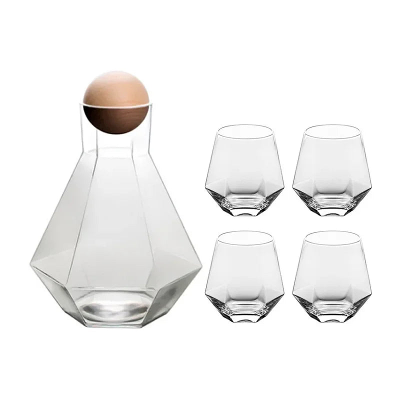 Geometric Glass Pitcher and Tumbler Set for Cocktails, Water & Juice – 5-Piece Beverage Serving Collection with Wooden Stopper
