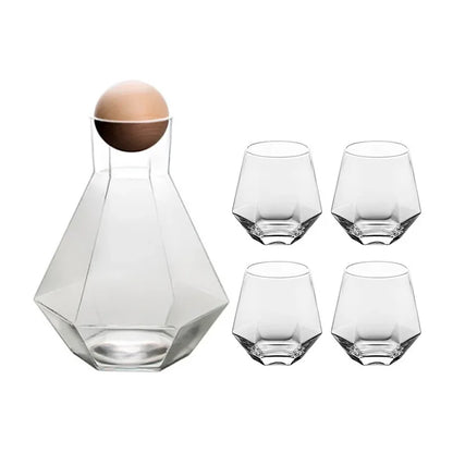Geometric Glass Pitcher and Tumbler Set for Cocktails, Water & Juice – 5-Piece Beverage Serving Collection with Wooden Stopper