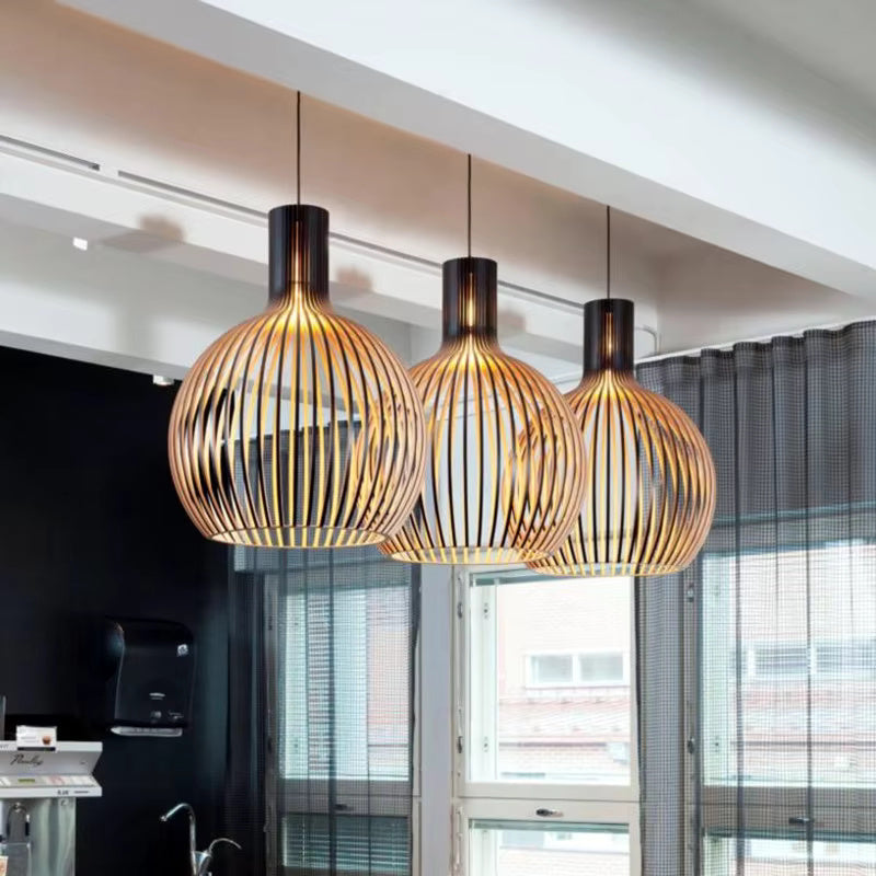 Cage Pendant Light E27 Adjustable Height for Kitchen Island Dining Table Open Frame Wood Metal Fixture Modern Scandinavian Farmhouse Rustic