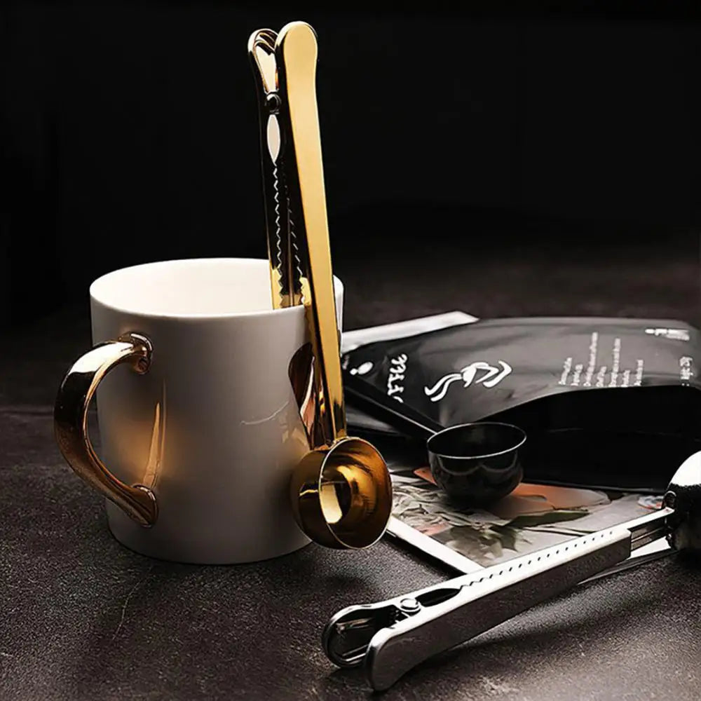 Stainless Steel Measuring Scoop with Bag Sealing Clip for Coffee Beans Tea Leaves Kitchen Storage Organization Silver Gold Black Rose Gold