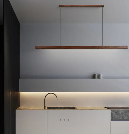 Linear Wood Hanging Light for Kitchen Island & Dining Table – Adjustable LED Ceiling Fixture in Pine or Walnut, 31-71 in Wide, Dimmable Opti
