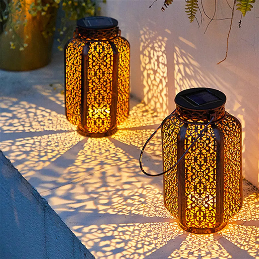 Geometric Metal Outdoor Solar Lantern with Auto Dusk Sensor for Patio Garden Yard Decor Hanging LED Light