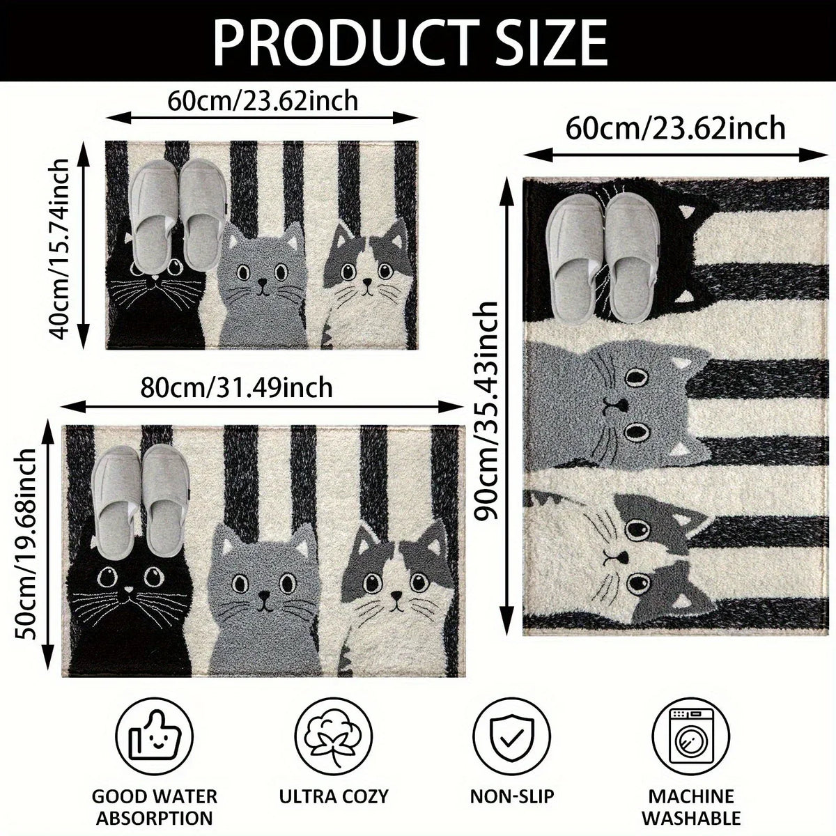 PVC Cat Floor Mat Non-Slip 24x35 Inch Striped Entry Rug for Hallway Bedroom Kitchen Foyer Mudroom Patio Door Indoor Outdoor Use