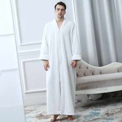Zippered Fleece Bathrobe for Women & Men Hooded & Non-Hooded Thermal Lounge Robe with Pockets Soft Lightweight Warmth