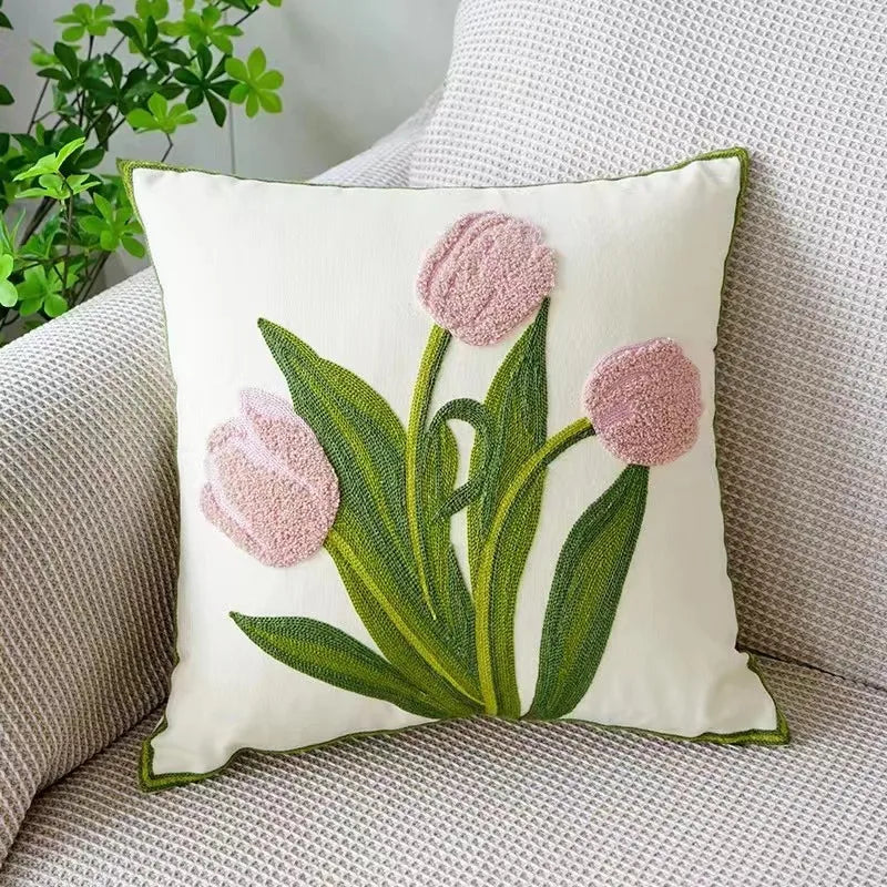 Floral Embroidered Throw Pillow Cover 18x18 Inches Cotton Canvas White Decorative Cushion Case for Couch Bed Chair Farmhouse Modern Living R
