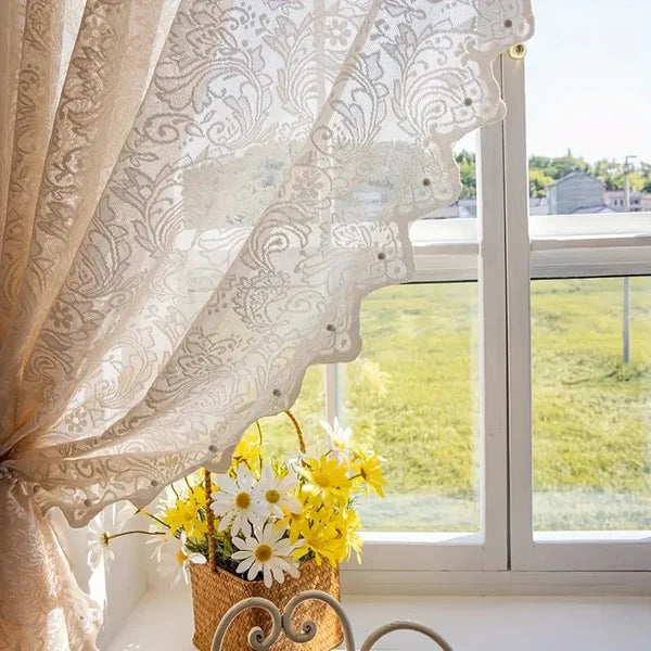 Charming Lace Curtain with Elegant Beaded Hem Detail