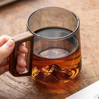 Insulated Borosilicate Glass Mug with Wood Grip 4-Inch Thermal Coffee Cup Peak Shape for Hot Beverages Kitchen Office