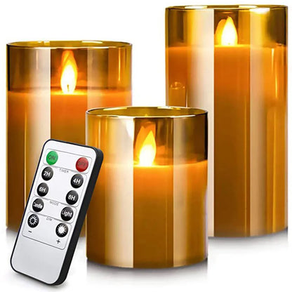 Battery-Operated LED Pillar Candles with Remote Control Timer Set of 3 Realistic Flickering Light Amber Smoke Clear Glass for Dining Room Be
