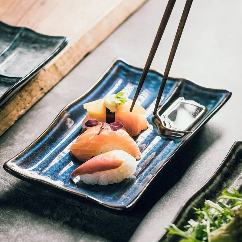 Handcrafted Rectangular Dish with Sauce Well 9×5 Inches White Glazed Dinnerware for Sushi Nigiri Sashimi Japanese Appetizers Tableware