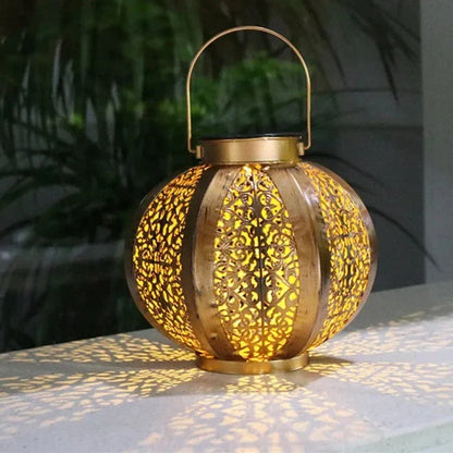 Geometric Metal Outdoor Solar Lantern with Auto Dusk Sensor for Patio Garden Yard Decor Hanging LED Light