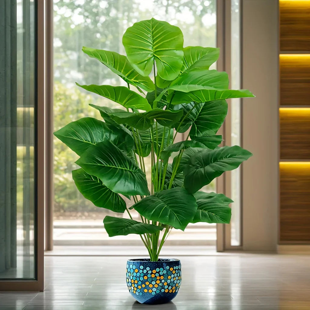 Faux Tropical Floor Plant 39 Inch Tall with 18 Wide Leaves for Living Room Entryway Patio Corner No Water Needed