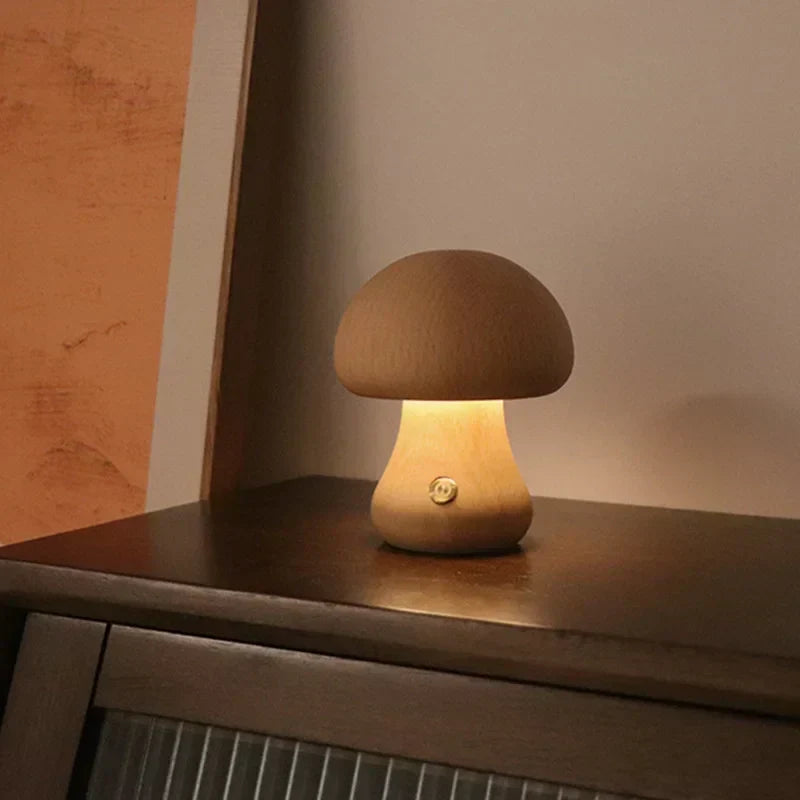 Rechargeable LED Mushroom Night Light with Touch Dimmer for Bedside, Nursery & Kids Room | Cordless Wooden Lamp