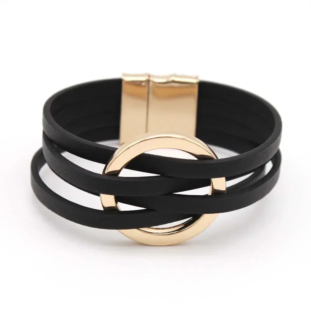Layered Leather Wrap Bracelet with Magnetic Clasp – Geometric Accent Cuff for Women & Men
