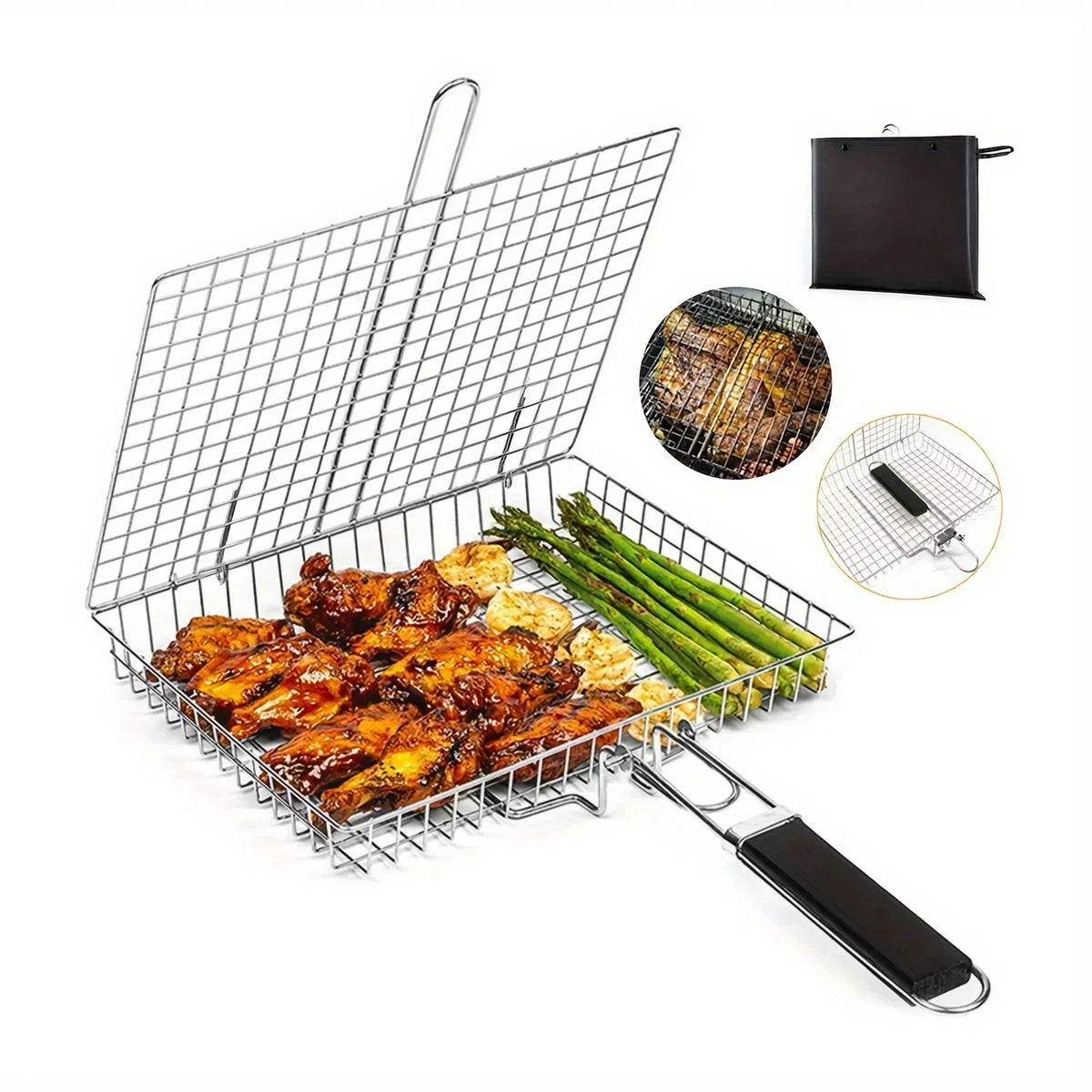 Folding Grill Basket with Non-Stick Coating for Vegetables, Fish & Steak – Heat-Resistant Stainless Steel BBQ Grilling Accessory for