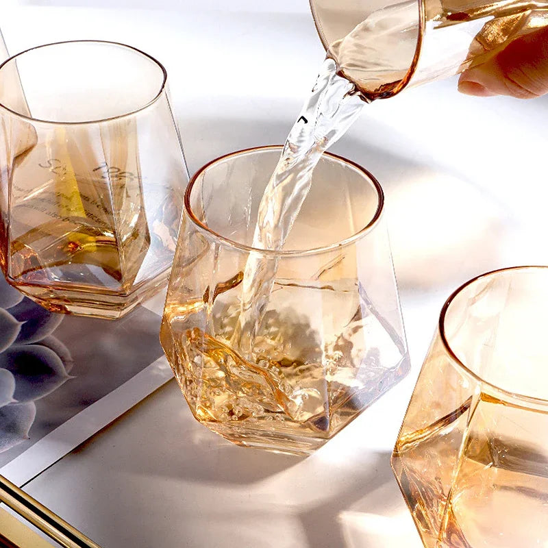 Geometric Glass Pitcher and Tumbler Set for Cocktails, Water & Juice – 5-Piece Beverage Serving Collection with Wooden Stopper
