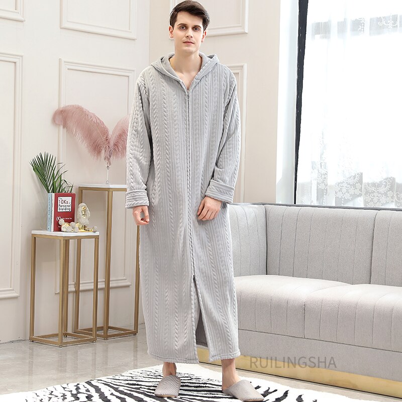 Zippered Fleece Bathrobe for Women & Men Hooded & Non-Hooded Thermal Lounge Robe with Pockets Soft Lightweight Warmth