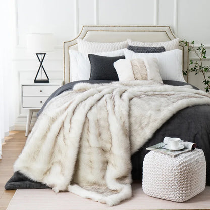 Plush Faux-Fur Accent Blanket 80×60 in Oversized Ultra-Soft Polyester Decorative Cover for Bedroom Sofa Chair Couch Neutral Tan Silver Brind