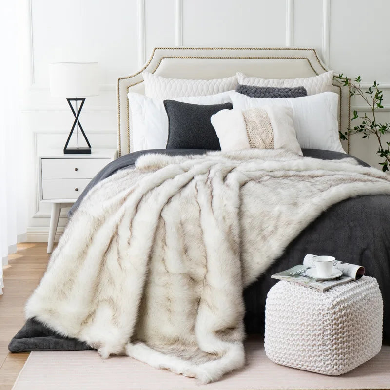 Plush Faux Fur Throw Blanket 80x60 Inches Luxe Textured Oversized Accent for Couch Bed Sofa Chair Living Room Bedroom Decor Soft Warm Machin