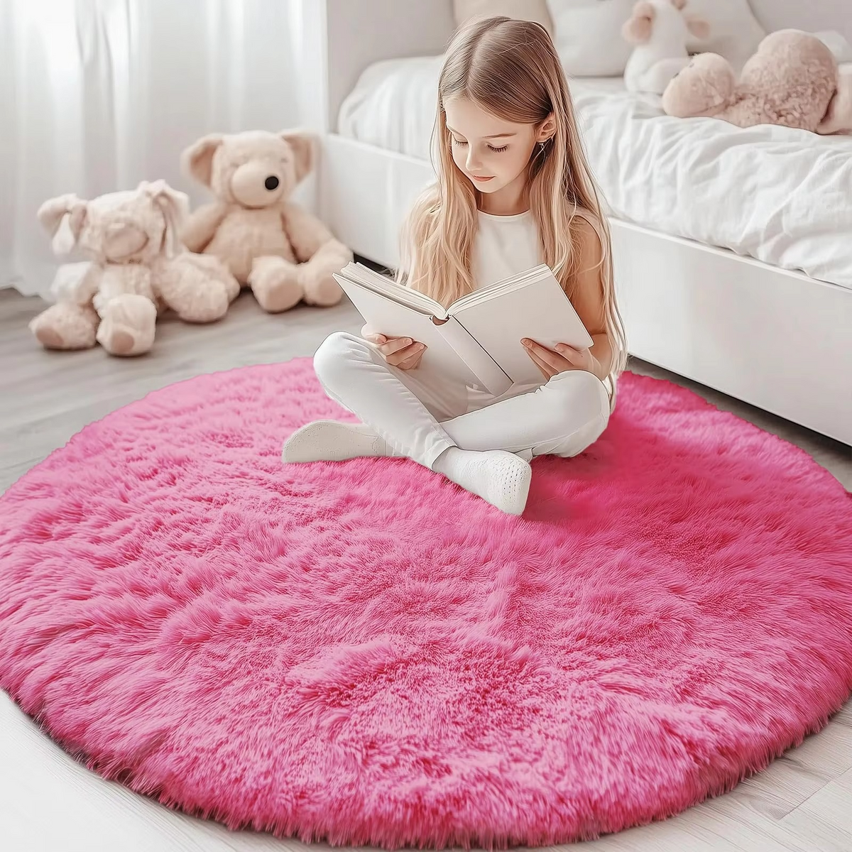 Round Shag Area Rug 59 Inch – Ultra Soft Plush Circle Carpet for Living Room Bedroom Playroom Nursery – Non-Slip Backing Machine Washable