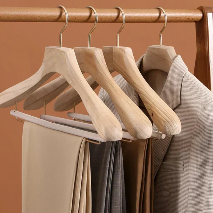 Premium Wooden Suit Hangers with 1.6-Inch Wide Shoulders & Anti-Slip Trouser Bar – Natural Cinnamon Wood Closet Organizers for Jackets, Coat
