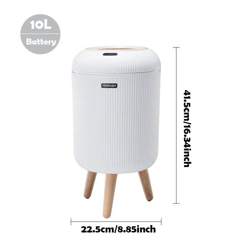Sensor Garbage Can 2.6 Gallon Automatic Lid Wood Base Small Waste Basket White Black Green for Kitchen Bathroom Bedroom Office Compact Infra