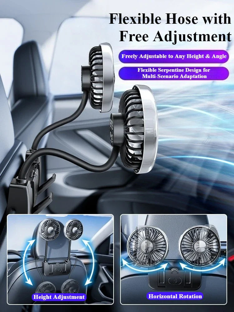 Ventilador de coche de doble cabezal | Alimentación por USB-C con rotación de 360° | Flujo de aire ajustable para mayor comodidad en el asiento trasero
