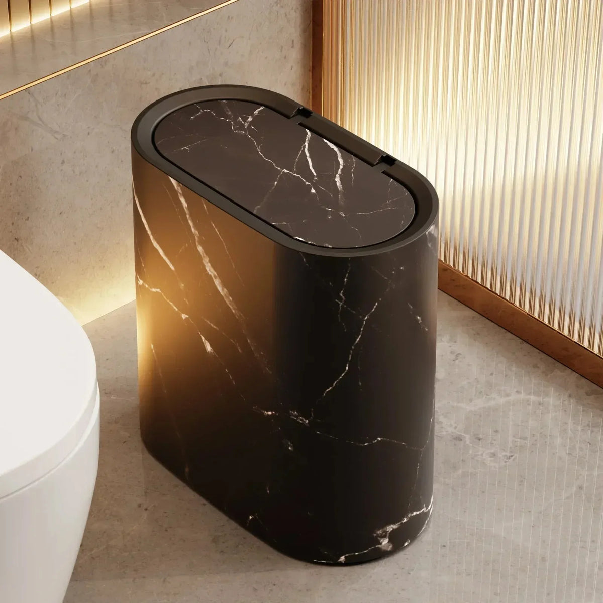 Push-Top Waste Basket with Marble-Look Finish – Slim Oval Design for Small Bathrooms, Bedrooms & Home Offices