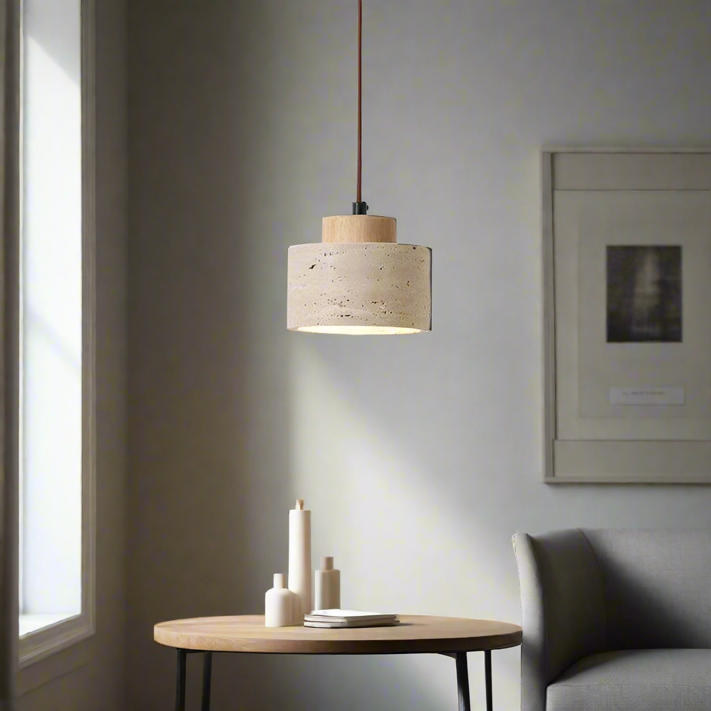 Natural Stone Hanging Lamp 6.5 Inch Travertine Shade Soft Warm Glow Overhead Fixture Bedroom Bedside Accent Nordic Minimalist Design