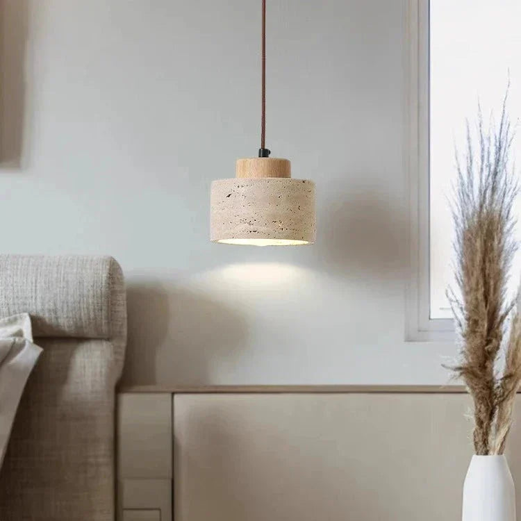 Natural Stone Hanging Lamp 6.5 Inch Travertine Shade Soft Warm Glow Overhead Fixture Bedroom Bedside Accent Nordic Minimalist Design