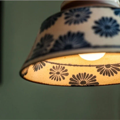 Ceramic Hanging Light Fixture with Unique Floral Designs for Kitchen, Dining Room, Cafe | Artisan Crafted Copper Hardware Pendant Lamp