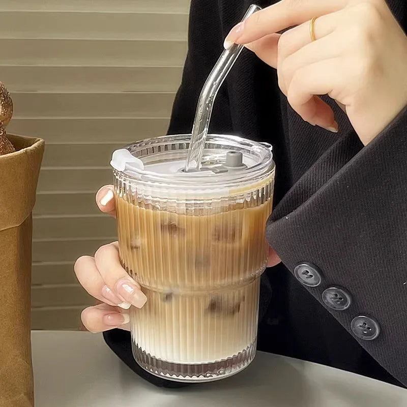 Glass Travel Tumbler with Straw & Lid for Coffee, Tea & Juice - Insulated Borosilicate Cup with Ribbed Design - Reusable Portable Drinkware