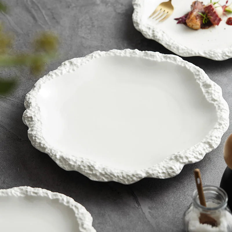 Ceramic Dinner Plate with Textured Rock Edge Design for Kitchen & Dining Room Tables 8-11 inch Natural Tableware