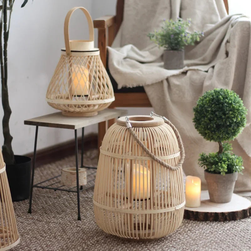 Battery-Operated Woven Lantern with LED Flameless Candle for Patio Gardens Tabletop Hanging Decor Cordless Indoor Outdoor Accent Light