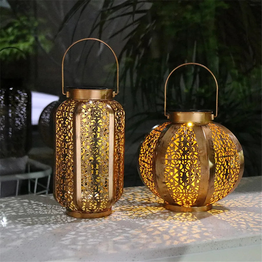 Geometric Metal Outdoor Solar Lantern with Auto Dusk Sensor for Patio Garden Yard Decor Hanging LED Light