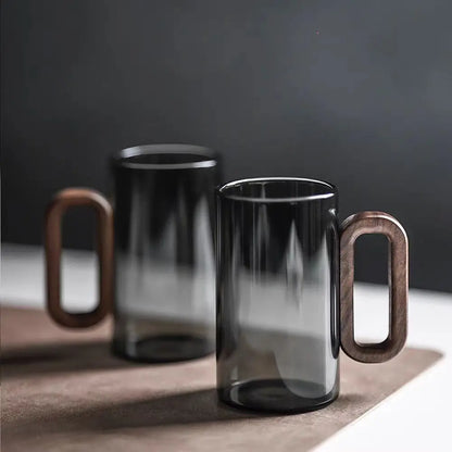 Heat-Resistant Glass Mug with Wooden Handle for Tea Coffee & Juice Minimalist Drinkware with Smooth Contours for Kitchen Dining Room Office